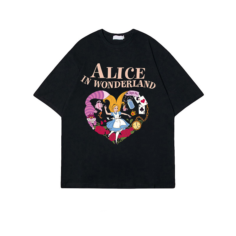 Kaos Wanita Korean Style Cartoon Alice Motif Printed Kaos Cream Import Oversize Kekinian T-Shirt