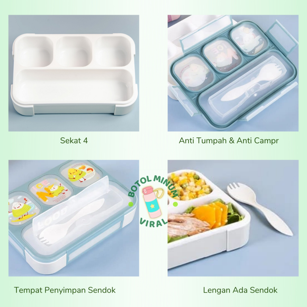 Kotak Makan Anti Tumpah 4 Sekat Karakter Anak TK SD Microwave Safe