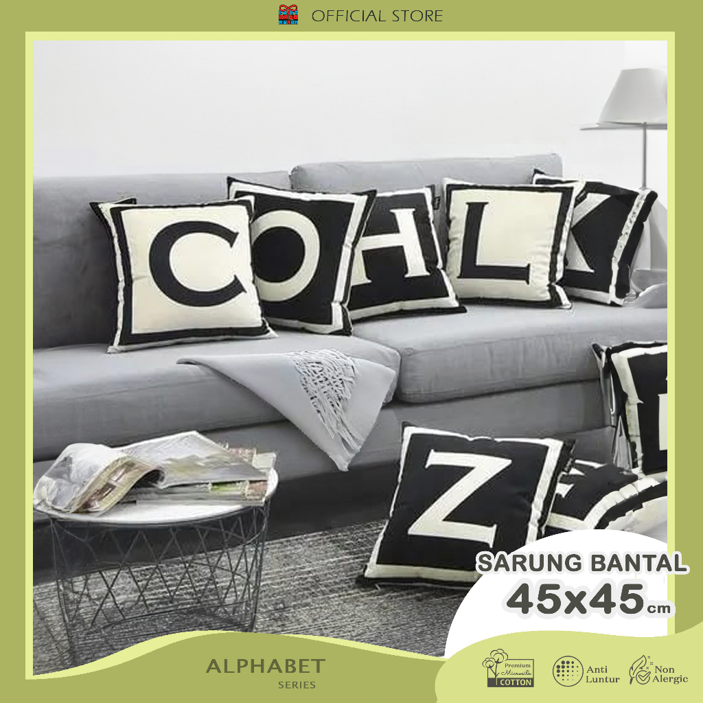 COVER SARUNG Bantal Sofa Print Motif Alphabet Huruf Black White Monochrome Hitam Putih  Aesthetic 45x45 cm - Pusa Kado Murah