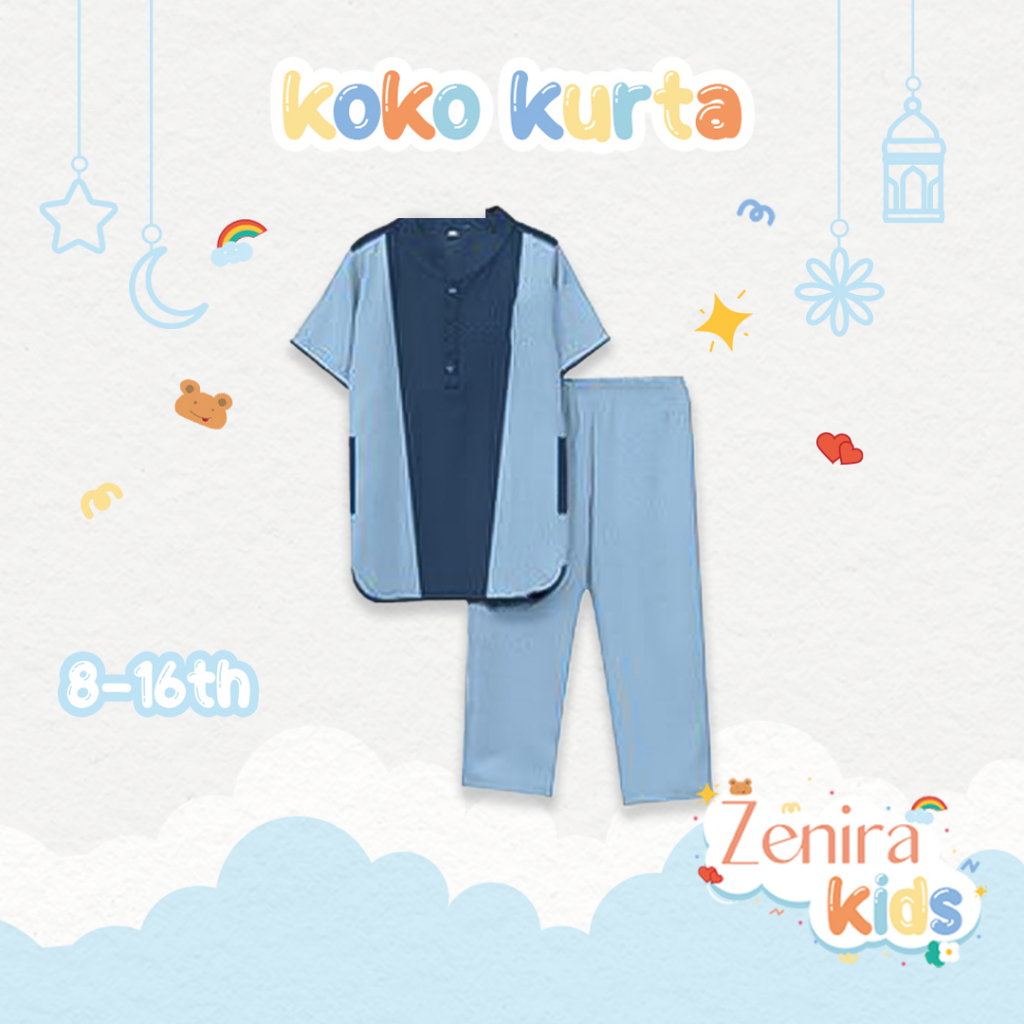 Zenira Official | Baju Muslim Setelan Koko Anak Usia 8 - 16 Tahun-Light Blue - Navy