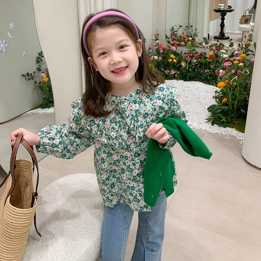 Setelan Baju anak perempuan 3-8th - Set baju Blouse bunga hijau + Jeans anak perempuan korea style