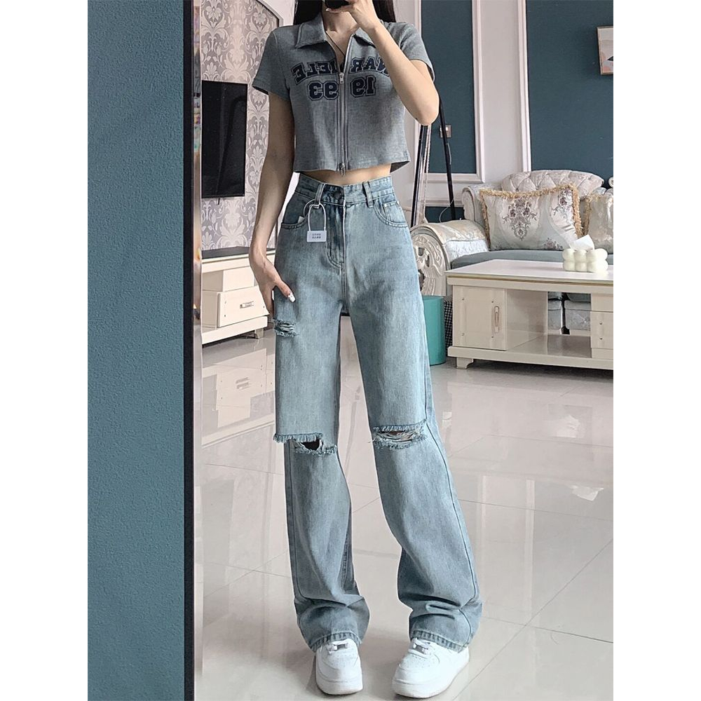 Biru muda highwaist sobek celana jeans panjang wanita import terbaru