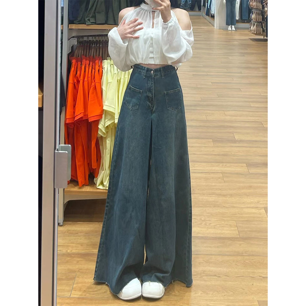 Biru Retro high waist terbaru kekinian celana jeans kulot panjang wanita