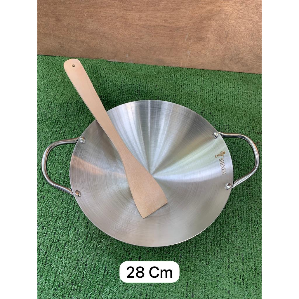 Wajan penggorengan kuali stainless steel shinko tebal anti lengket anti gosong free spatula kayu ukuran 24cm, 26cm, 28cm, 30cm, 32cm