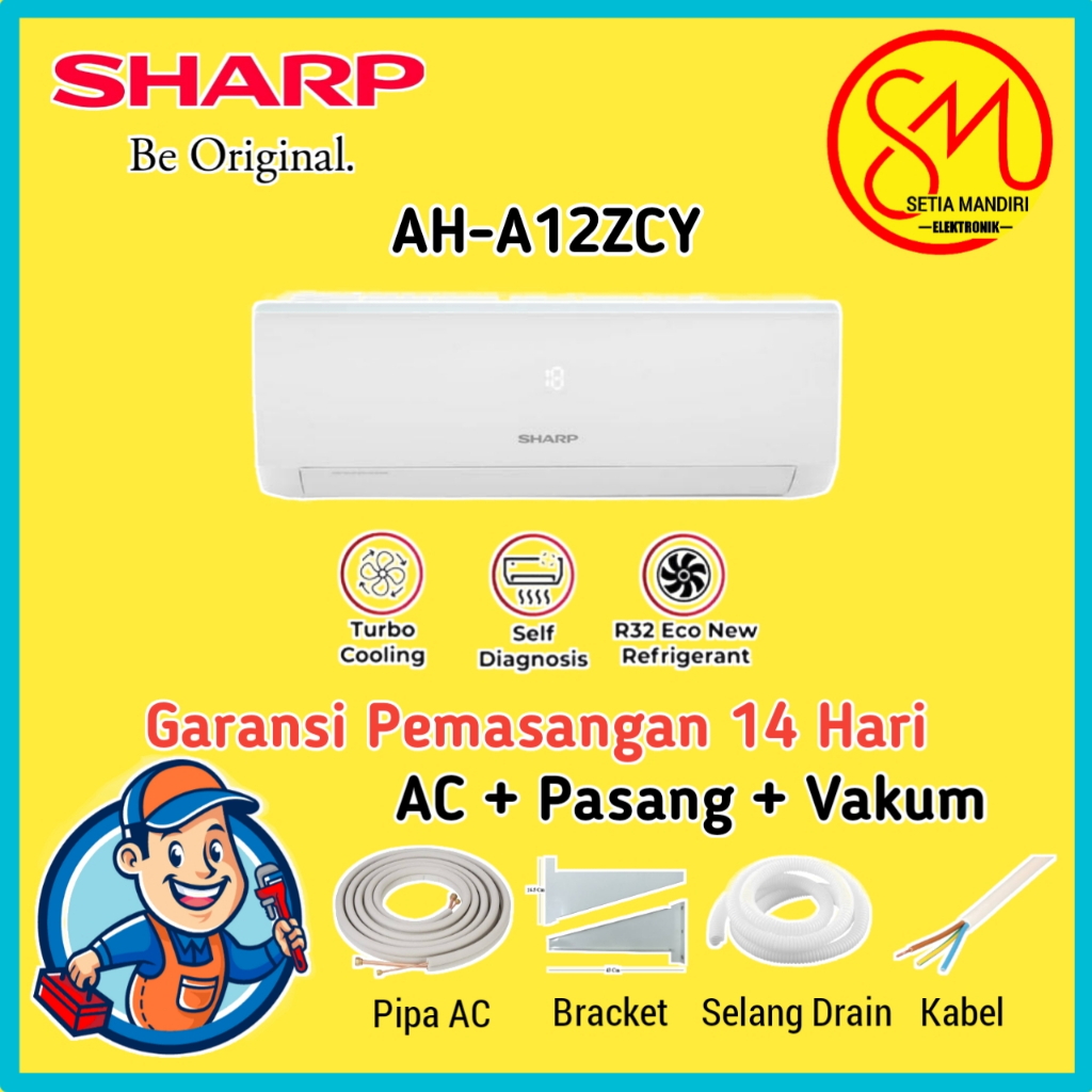 AC SHARP 1.5PK AH-A12ZCY AC Split 1.5 PK Standard + Pasang Pemasangan Material