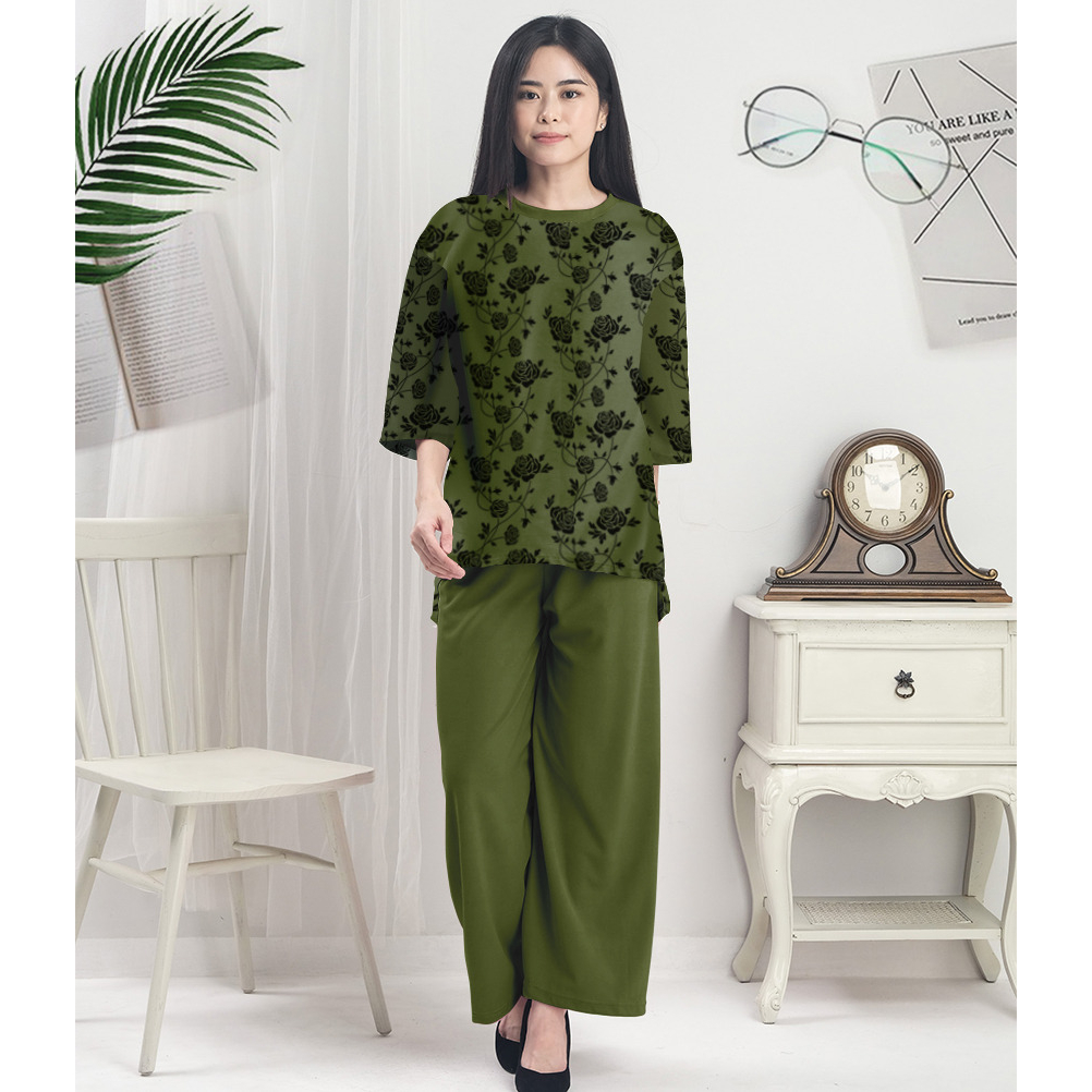 RILLO - Baju Setelan Celana Wanita Motif Rose Flower