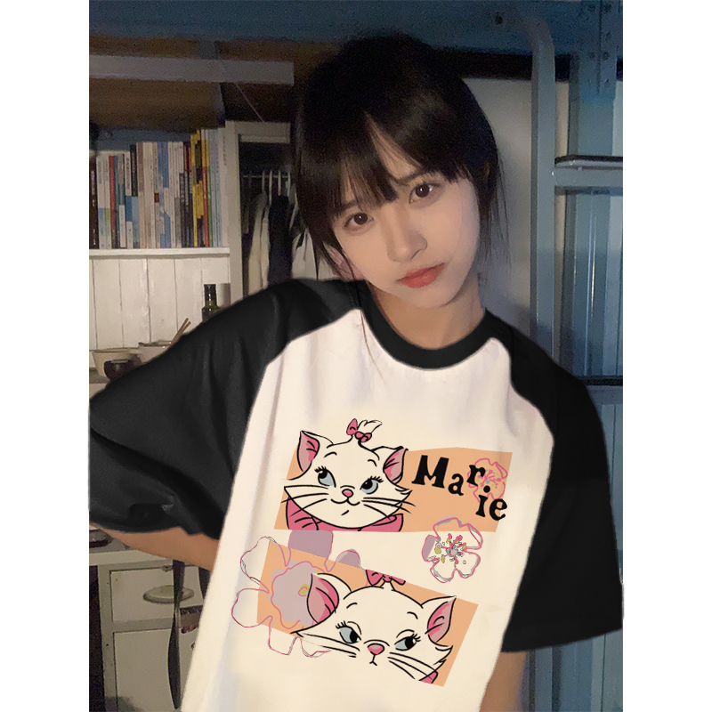 EUNII T-shirt Lengan Pendek Cartoon Marie Cat Korean Style/Kaos Atasan Wanita/Baju Kaus Oversize Wanita/Kaos Wanita