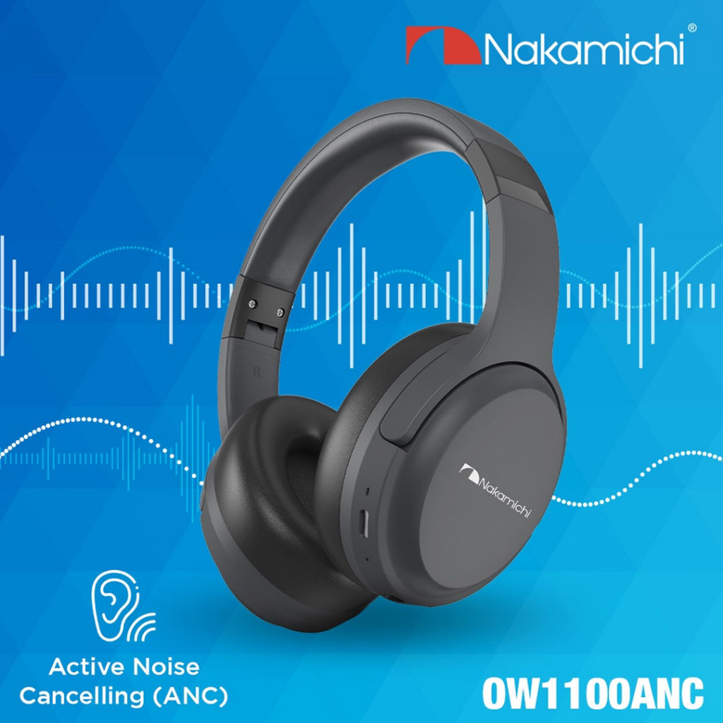 Headphone Bluetooth Nakamichi OW1100ANC Wireless Active Noise Cancelling With Mic Suport Call Dual Mode WIreless Wired Aux Jack 3,5mm Type C Headset For HP Tab Laptop PC Original Garansi