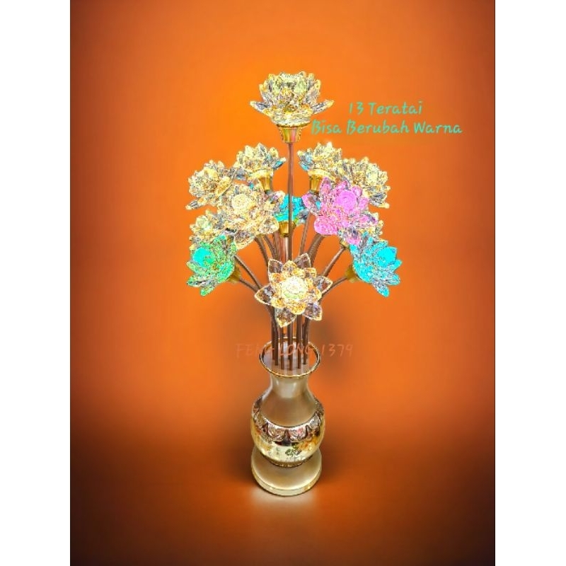 Pajangan | Hiasan Lampu Altar Puja Teratai Kristal Kaki Vas Bunga LED Warna Warni Premium 13 Teratai