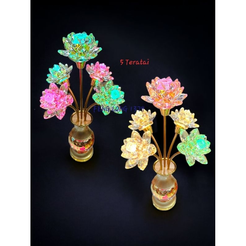 Pajangan | Hiasan Lampu Altar Puja Teratai Kristal Kaki Vas Bunga LED Warna Warni Premium 5 Teratai 