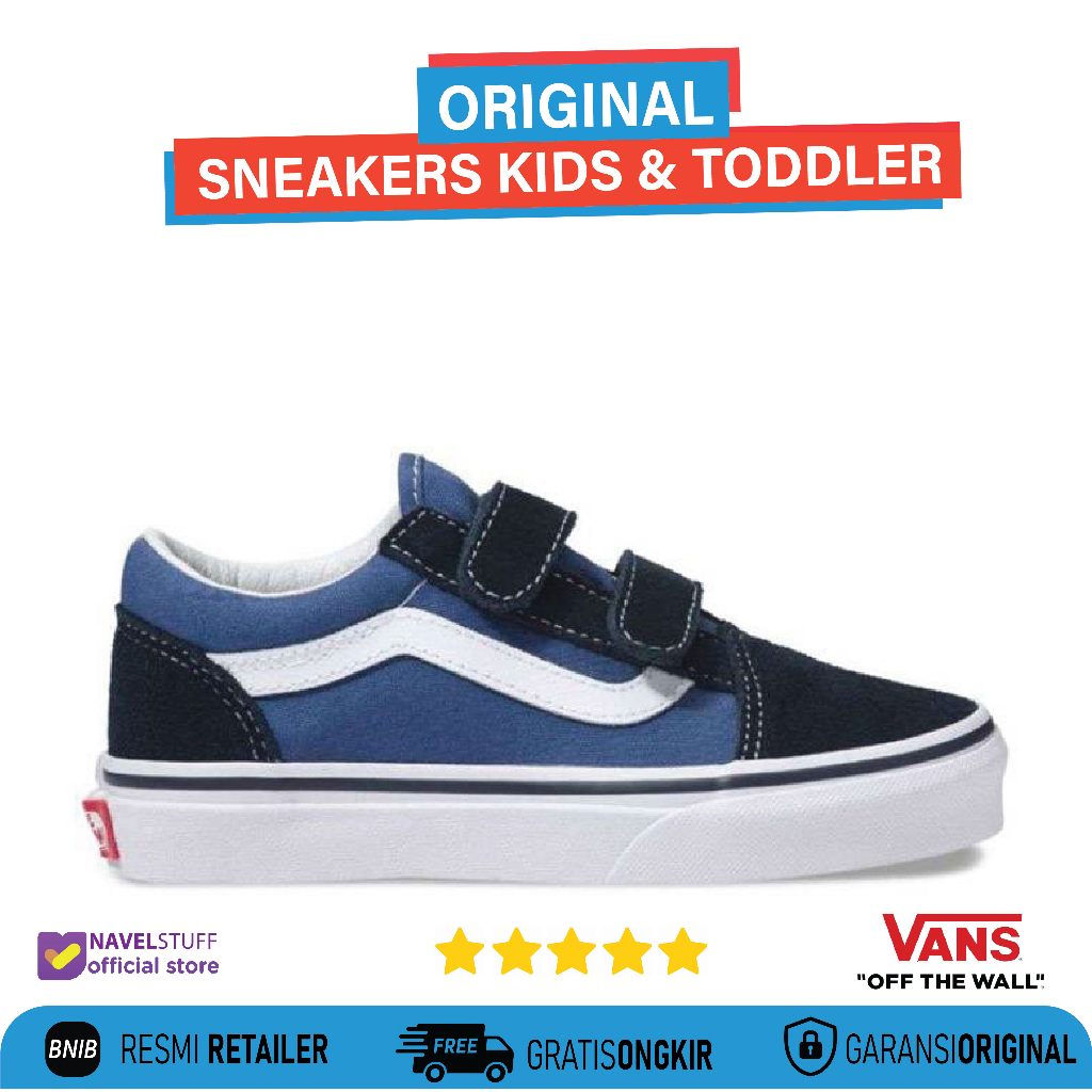 VANS Old Skool Velcro Toddler Kids Navy White Sepatu Anak Laki Laki dan Perempuan Original BNIB