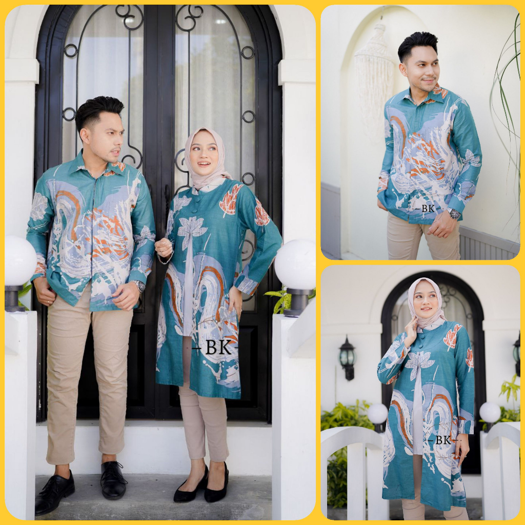 BATIK COUPLE MODERN MOTIF BANYUMILI TOSCA KEMEJA &amp; TUNIK BOLERO RESLETING BELAKANG BATIK ATASAN BATIK WANITA BATIK PRIA