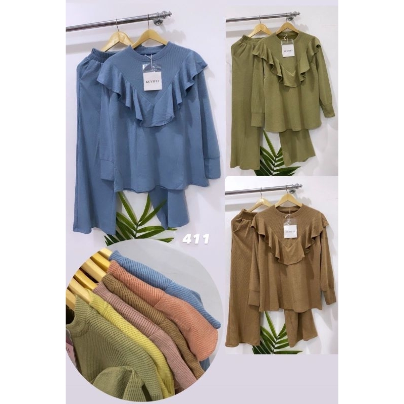 SETELAN KUYIFEI 411 ONE SET KAOS ASTER SET CELANA HAYAKO SETELAN RAJUT REMPEL DADA