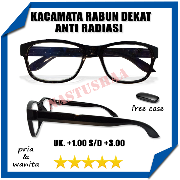 Kacamata Rabun Dekat Atau Baca Full Plus (+) Frame Kotak warna Hitam Glossy Model Terbaru Untuk Pria Dan Wanita (Unisex) FREECASE