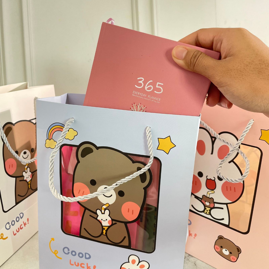 Paper bag Teddy Bear &amp; Rabbit Cute Lucu ukuran 22x15x7 CM Harga Murah / Paperbag Kantong Hampers Bag Tali motif Beruang dan Bunny IMUT bisa Grosir dan COD Best Quality