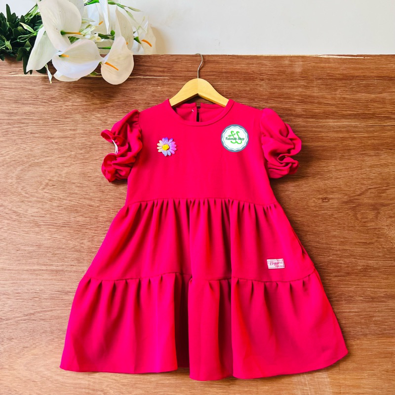 Dress Anak 3 4 5 Tahun Anak Cewek Perempuan Crinkle Tumpuk Bunga Dress lengan balon lucu kekinian lengan pendek terbaru ( Dress Abelia )