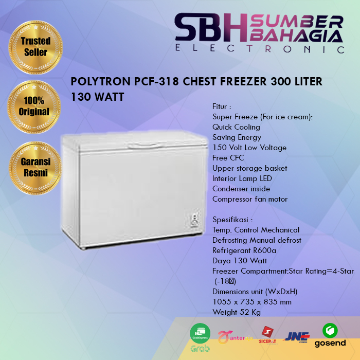POLYTRON PCF-318 CHEST FREEZER 300 LITER 130 WATT (NEW)(KHUSUS BANDUNG)