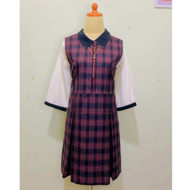 One Set Dress wanita vintage bahan tebal motif tartan kotak kotak gingham lengan balon kerah sailor 