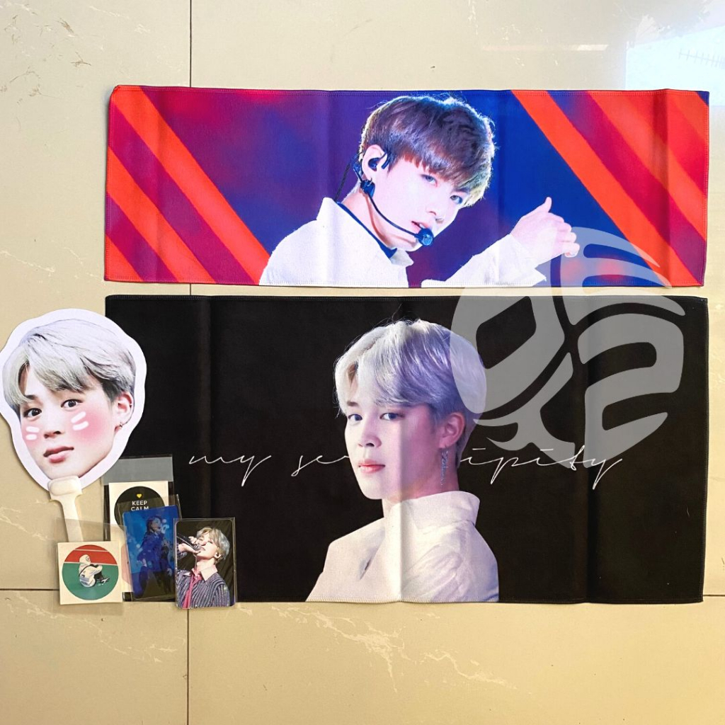 [Ready Preloved] Jungkook Jimin Cheering Kit Slogan Fansite Fortune Mighty J Fabric Reflective