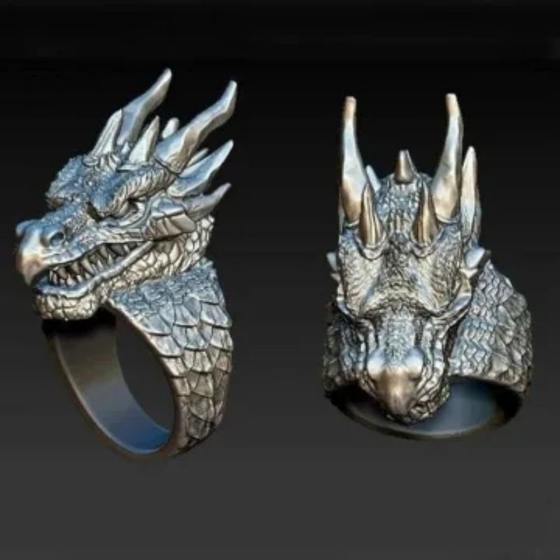 Cincin Kepala Naga Sisik / Cincin Pria Kepala Naga Unik Keren / Cincin Naga Bersisik Silver / Dragon