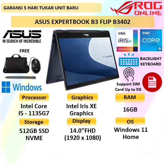 Asus ExpertBook B3 Flip B3402 Touch Core i5 1135G7 16GB 512SSD Windows 11 14.0"FHD - Laptop Asus 2in1 Touch Screen