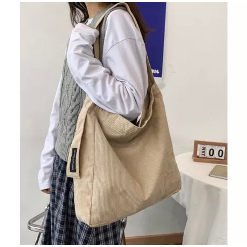 Tas Kanvas Retro Korduroi Tas Selempang Tas Bahu Wanita Kapasitas Besar Tas Tote Mahasiswa Cocok unt