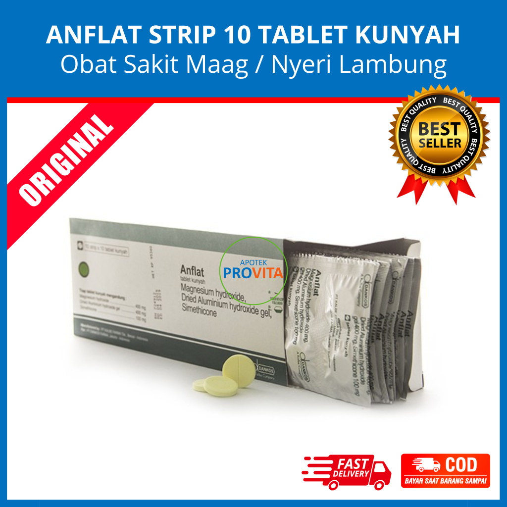 ANFLAT STRIP 10 TABLET KUNYAH - Obat Sakit Maag / Nyeri Lambung Ulu Hati / Kembung / Asam Lambung Na