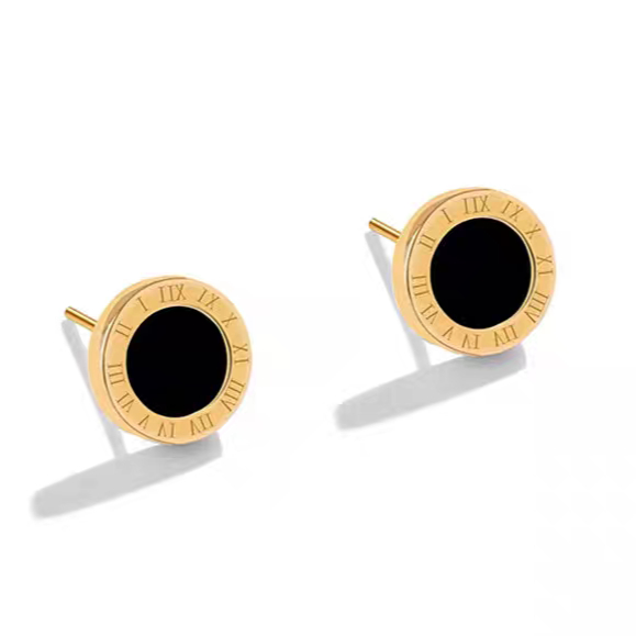 Tsw132 - Anting Bulat Romawi Hitam Titanium Anti Karat Anti Luntur, Asesories Perhiasan Cewek Cowok