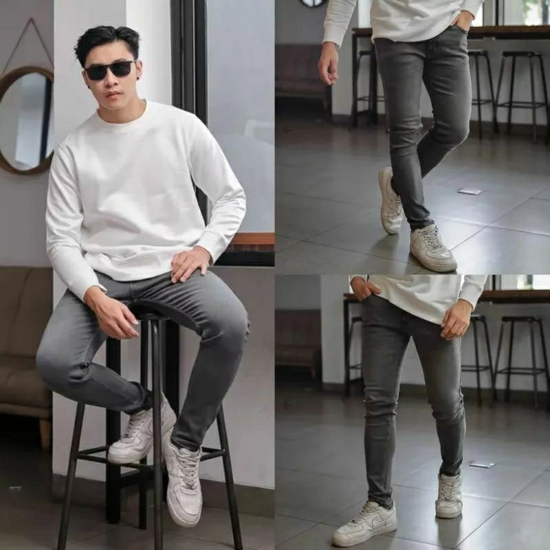 CELANA JEANS PANJANG PRIA SKINNY SNOW BLACK & GREY // CELANA JEANS SOBEK LUTUT PRIA DENIM STREET PRE