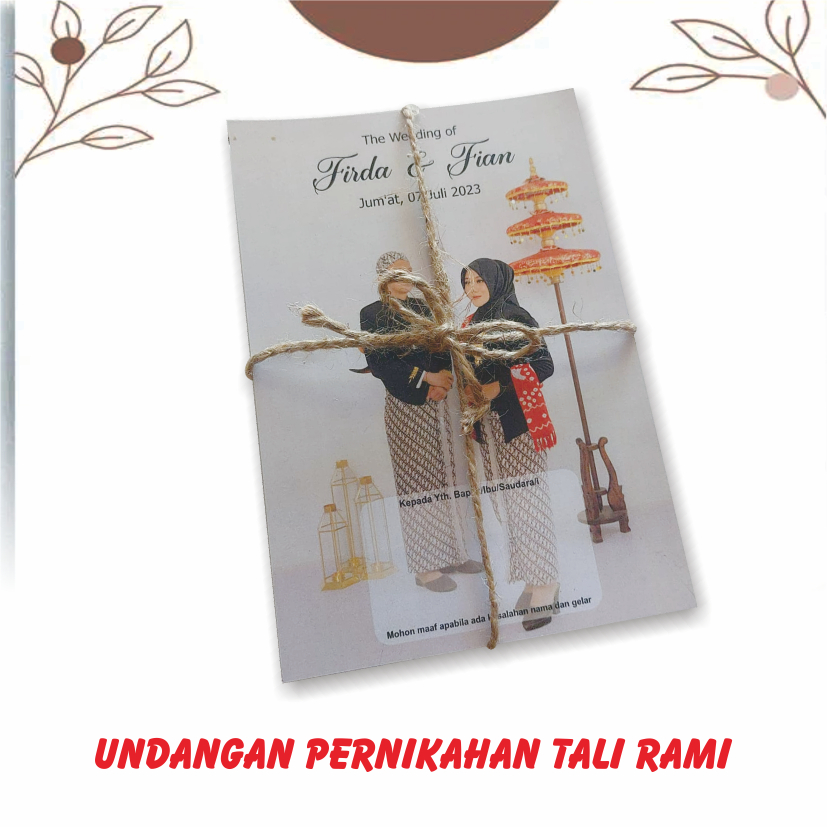 UNDANGAN PERNIKAHAN, SATU LEMBAR BOLAK BALIK DENGAN TALI RAMI, BAHAN MENGKILAP, GRATIS FOTO, UNIK, E