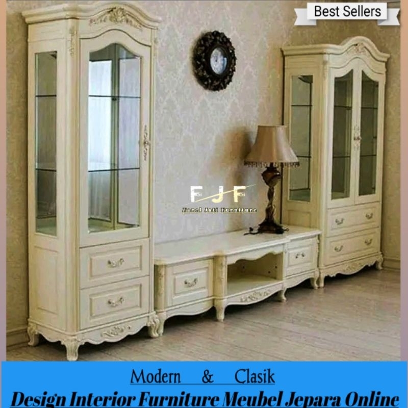 Set Bufet Tv Modern Almari Hias Kaca Lemari Cabinet Meja Tv Putih Duco