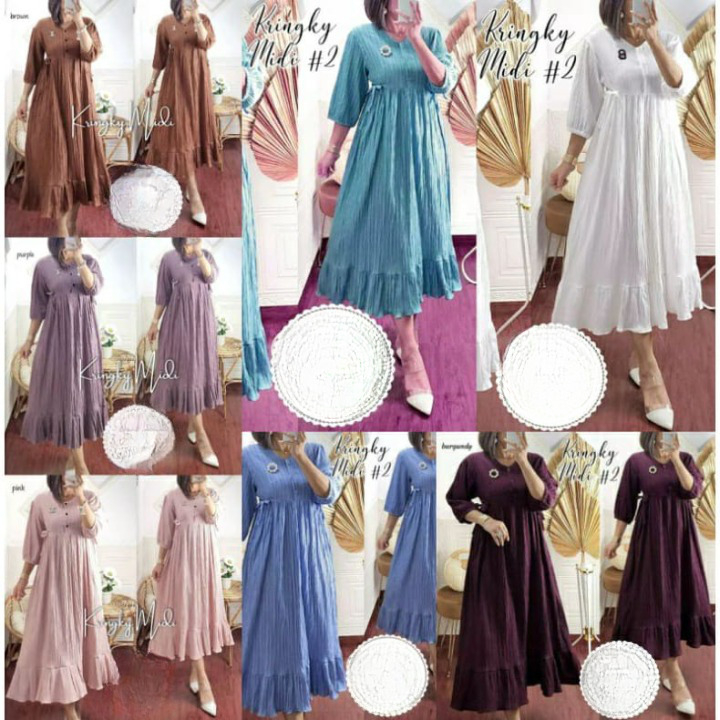 KRINGKY DRESS MIDI DRESS MUSLIM BAHAN CRINKLE (UKURAN M L XL) LENGAN 3/4 MIDI DRESS CRINKLE DRESS JU