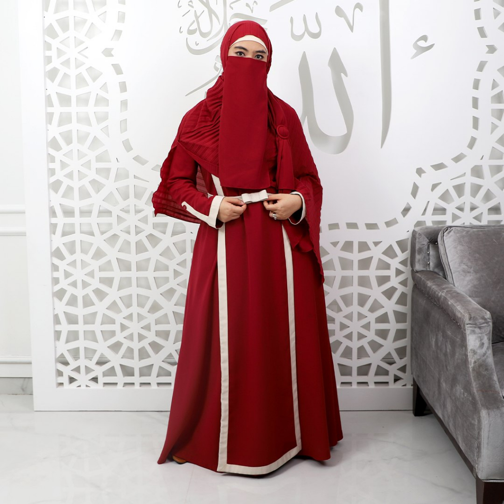 Gamis List Elegan Belt Busui Friendly Tyana Dress by IM Syar'i-Maroon Set