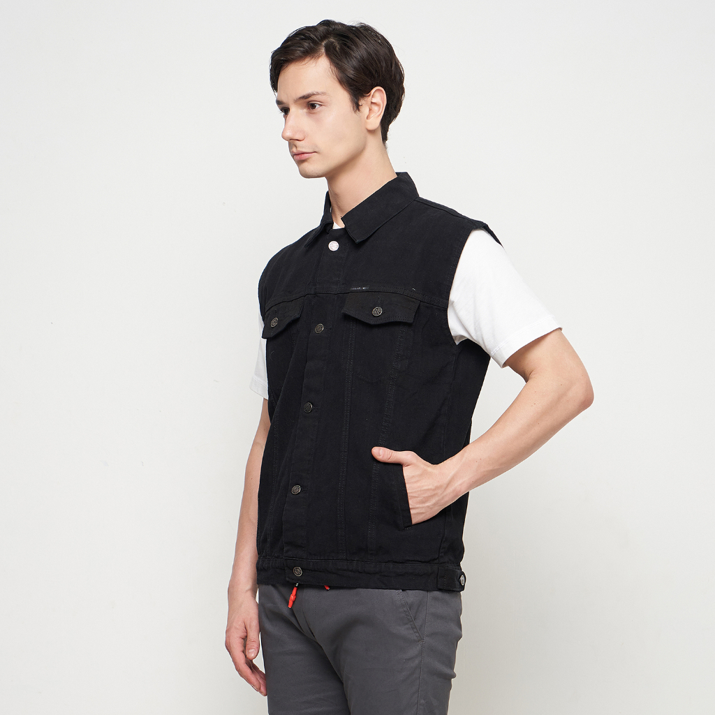EMOLINE Rompi Jeans Pria Men Vest Denim Premium Hitam Free Emblem Emoline
