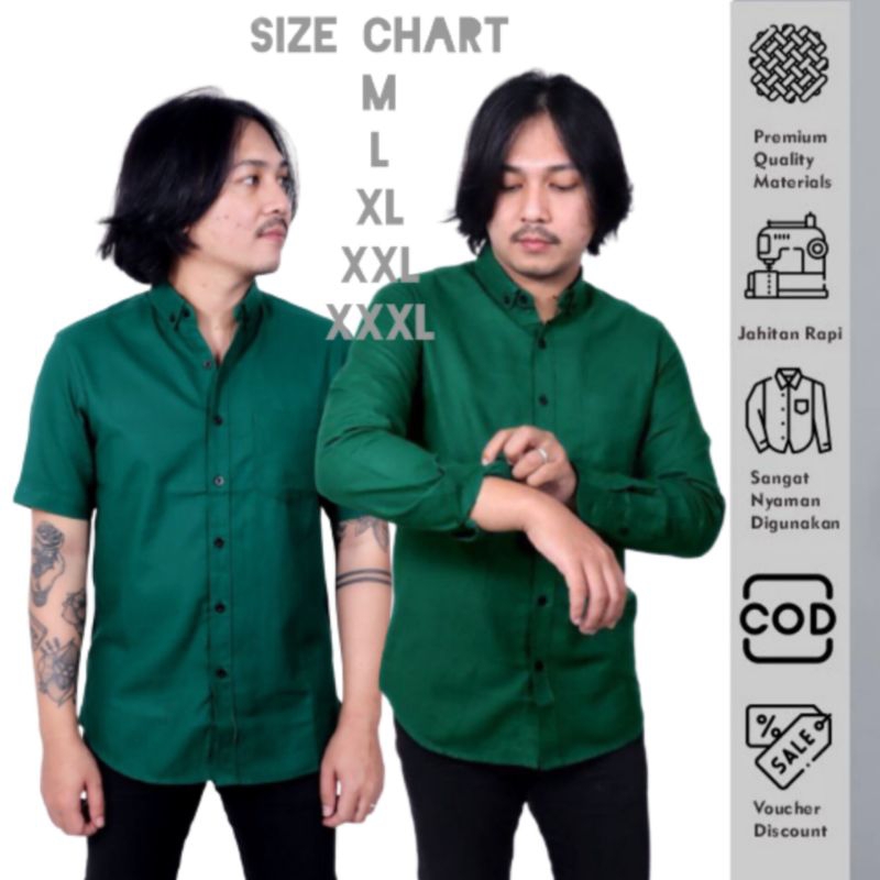 Kemeja Pria Polos Warna Hijau Tua Hijau Botol Lengan Panjang Pendek Jumbo hem atasan cowok hijau lum