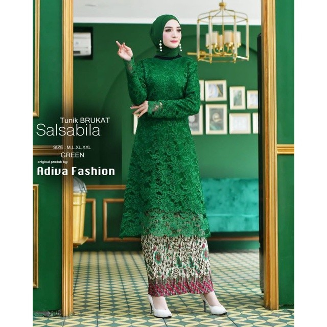 Setelan Kebaya Tunik Brukat Tradisonal Modern Marun kebaya wanita terbaru kebaya wanita murah Hijau 