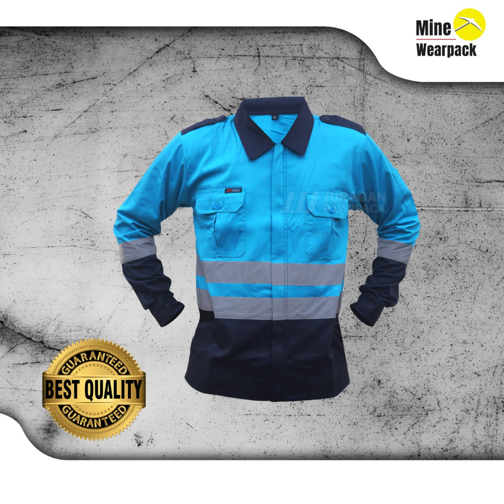 Semi Jaket Biru Proyek Tambang Caterpilar Baju Wearpak Safety K3 Seragam Sefty Scotlite Reflector