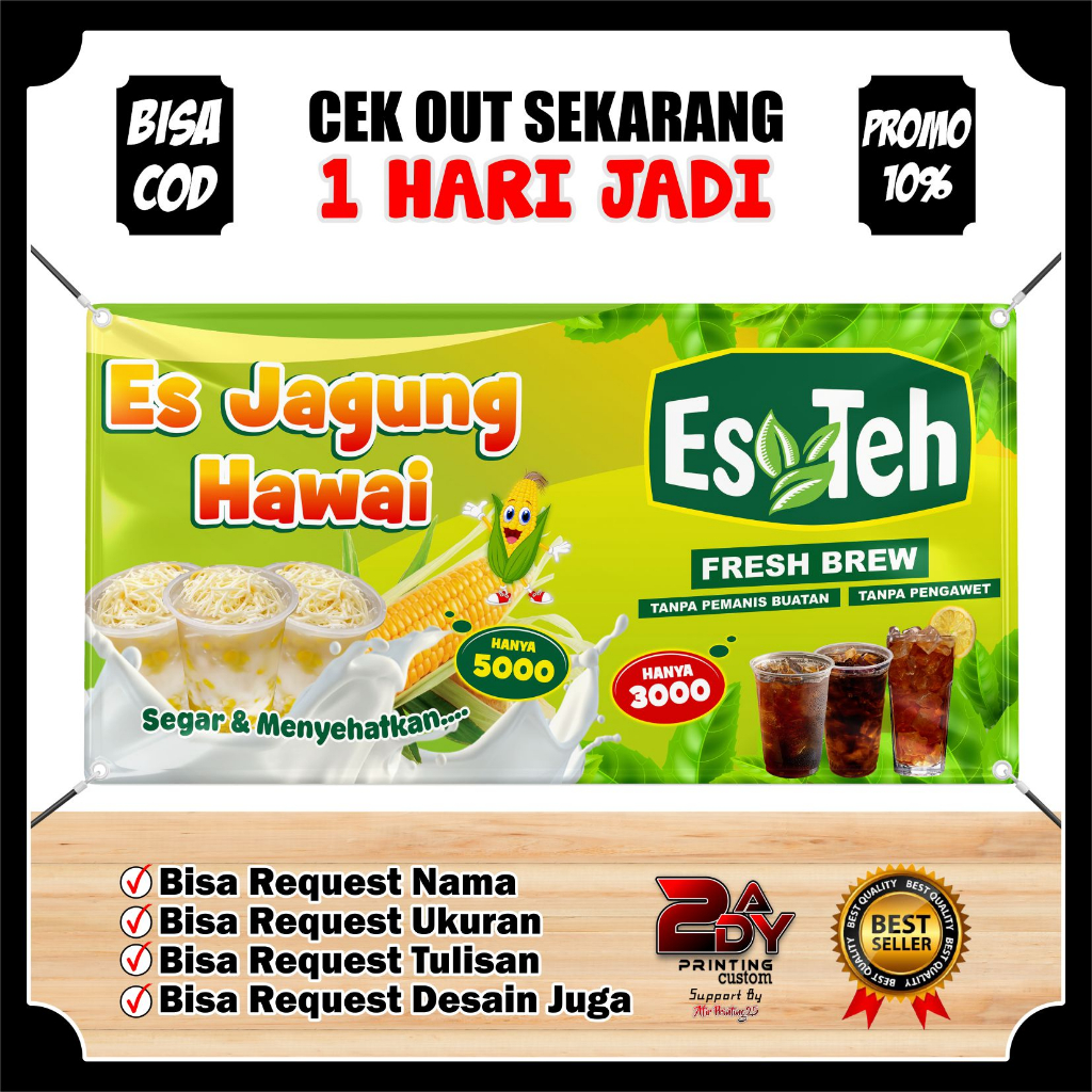 Spanduk Banner Coustem ES Jagung Hawai & ES Teh Bisa Request Desain