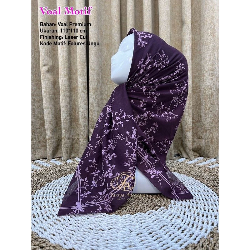 Promo Hijab Segi Empat Voal Motif Folures Warna Ungu Jilbab Terbaru