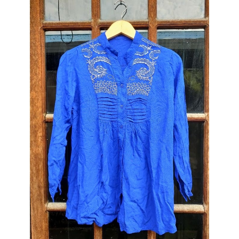 kemeja biru elektrik wanita blus kerja preloved katun rayon