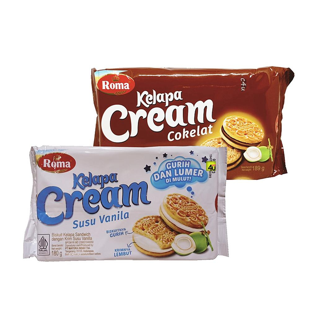 

Roma Kelapa Cream Cokelat 189gr / Kelapa Cream Vanila 180gr - Biscuit Kelapa dilapisi dengan Krim