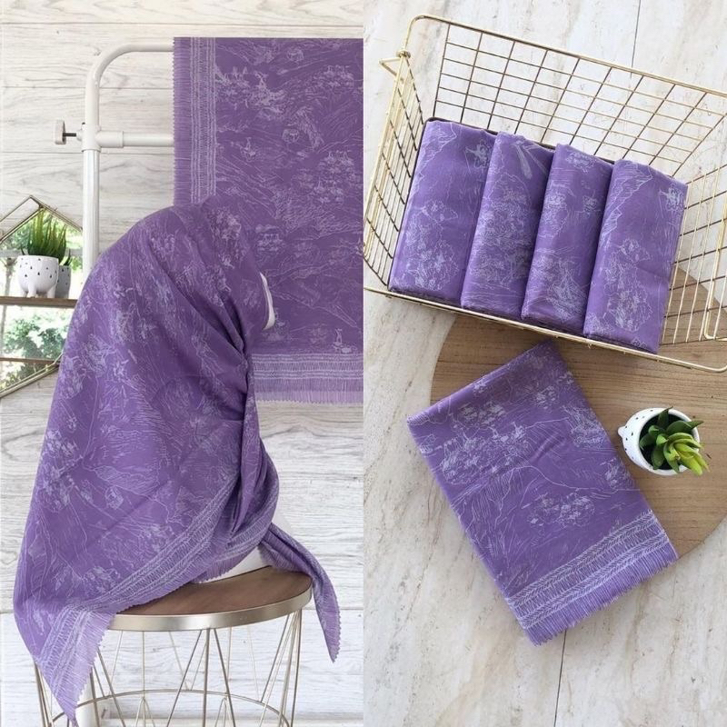 Promo Hijab Segi Empat Voal Motif Scene Warna Ungu Jilbab Terbaru