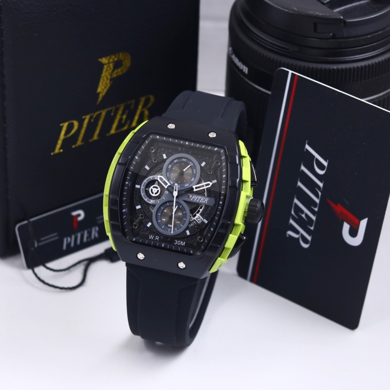 ( BISA COD ) Jam Tangan Pria PITER Original Rubber Tali Karet Chrono Tanggal Aktif Jam Tangan Fashio