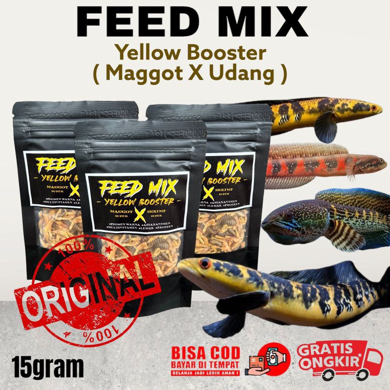udang X maggot kering yellow feed mix 15gr | makanan ikan predator | pakan ikan channa maru yellow p