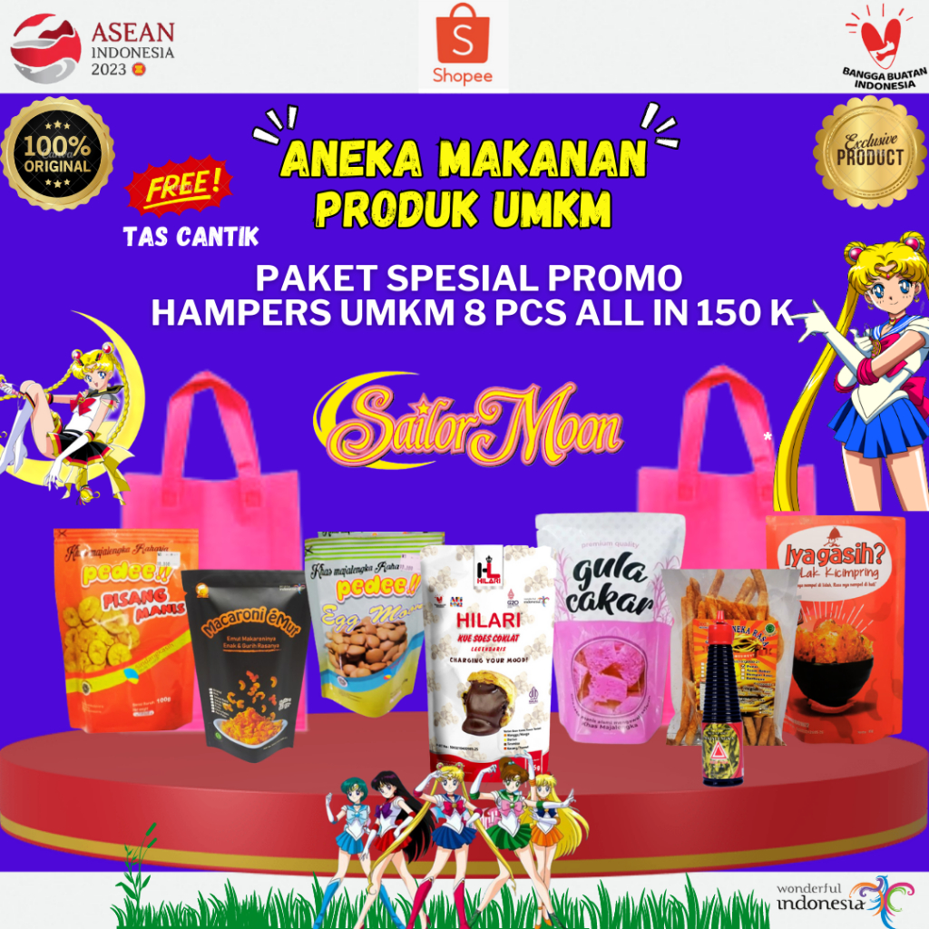 

PAKET 15 MAKANAN SPESIAL PROMO HAMPERS UMKM ALL IN 150 K FREE TAS CANTIK