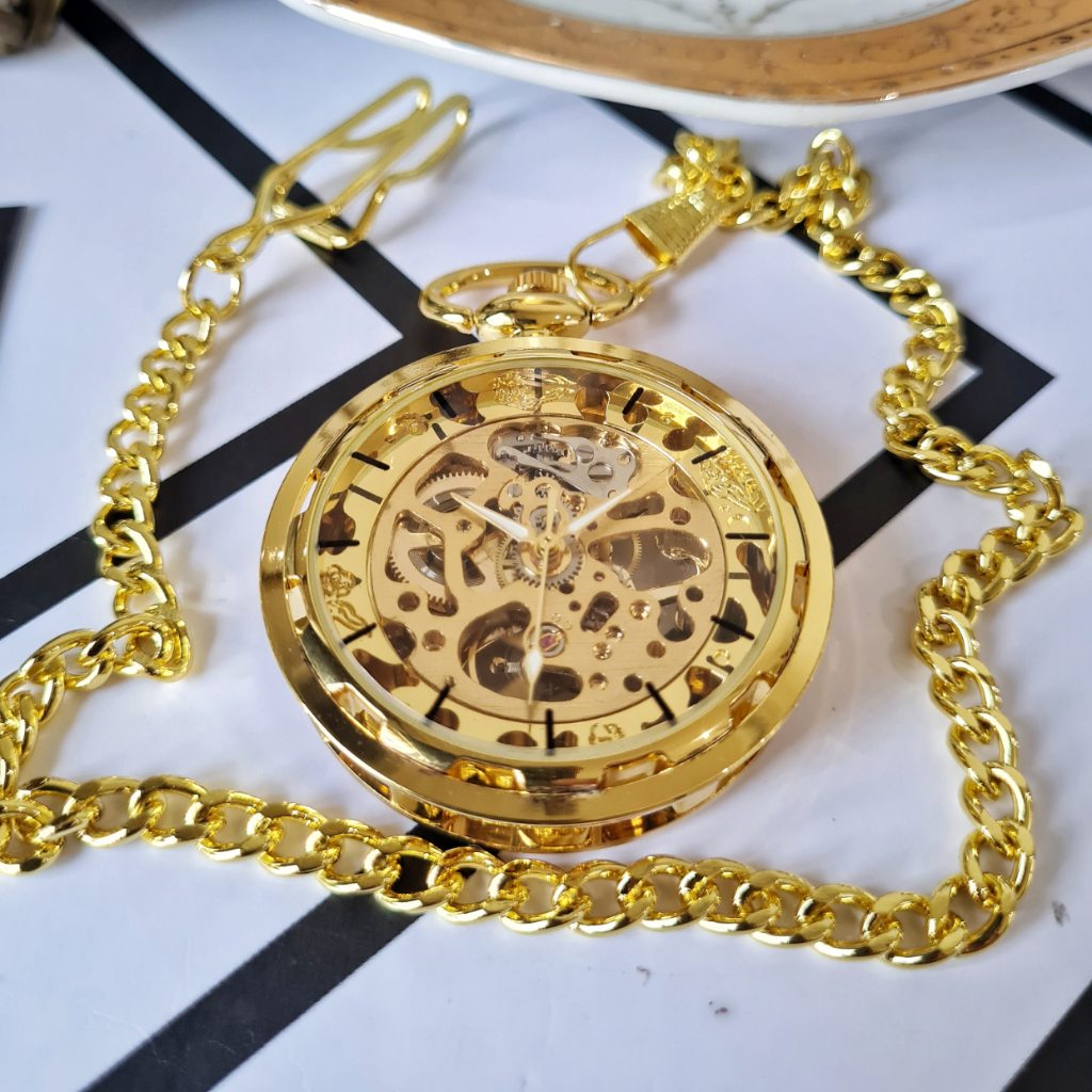 POCKET WATCH Ancient Jam Kantong Saku Gold Automatic Otomatis Mechanical Mekanik Open Face Tanpa Bat