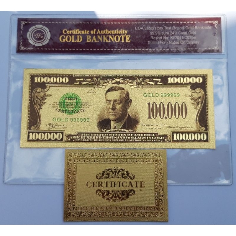 Uang souvenir gold foil 100.000 dollar america usd boston lengkap dengan plastik frame COA