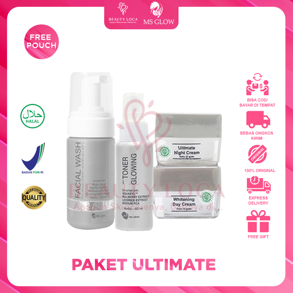 Beauty Loca - MS Glow Paket Ultimate - 4 Item - Paket Penghilang Flek Hitam, Anti Aging dan Glowing Free Pouch MS Glow