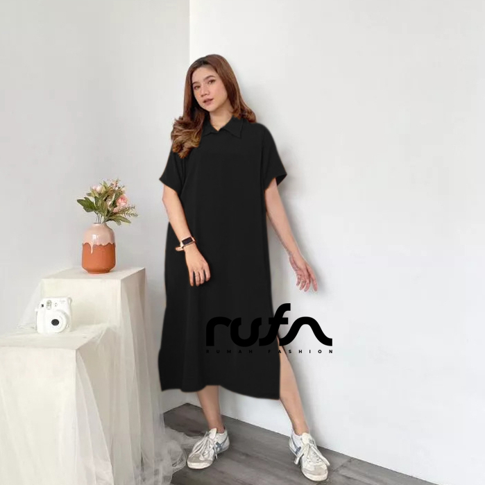 RUFA - Korean Long Dress Kerah Crinkle Wanita Lengan Pendek Polos - Hitam