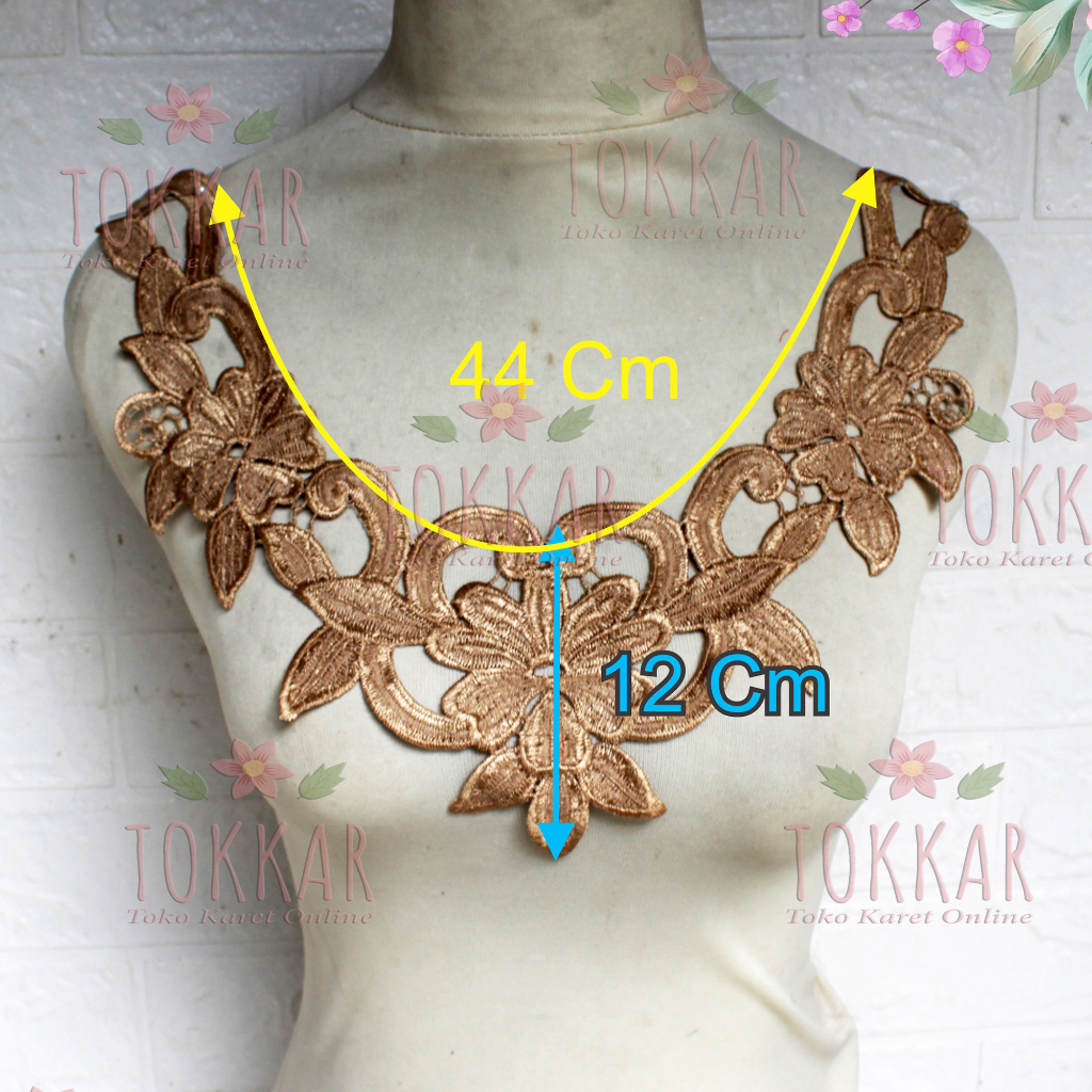 (Per Pcs) AP491 Aplikasi Kerah Bordir / Aplikasi Leher / Renda Leher Cokelat